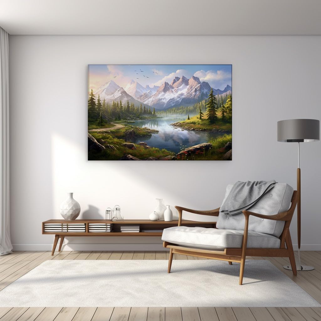 Canvas for Living Room. Serene Mountains and Soaring Birds: A Digital Ode to Nature's Majesty, 27 x 18 inch Canvas Wall Art - Surrealistic Visions - Modern Home Decor