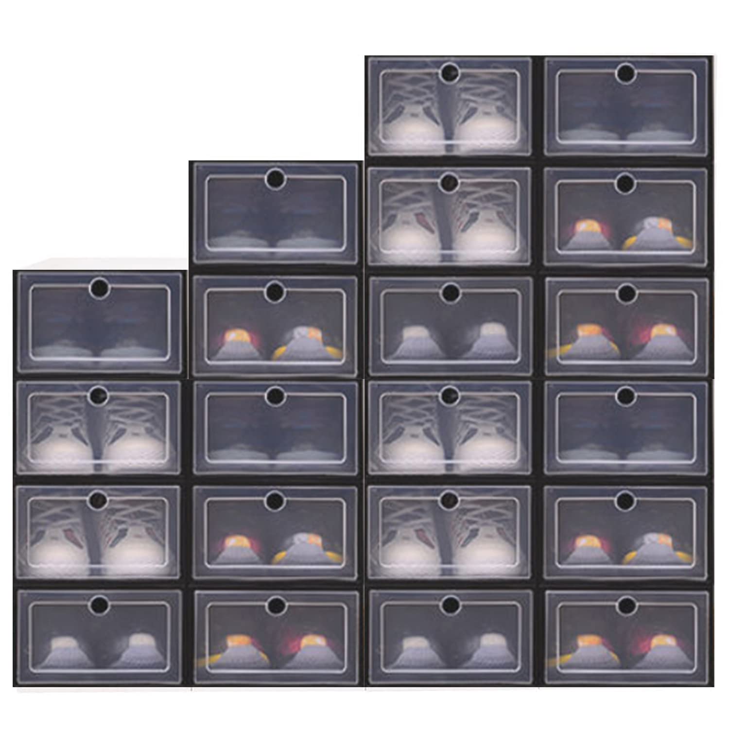 Shoe box, 6/12/18 Pack Shoe Organizer, Clear Plastic Stackable Sneaker box, Foldable Sneaker Shoe Storage Box (Black, 6PCS)