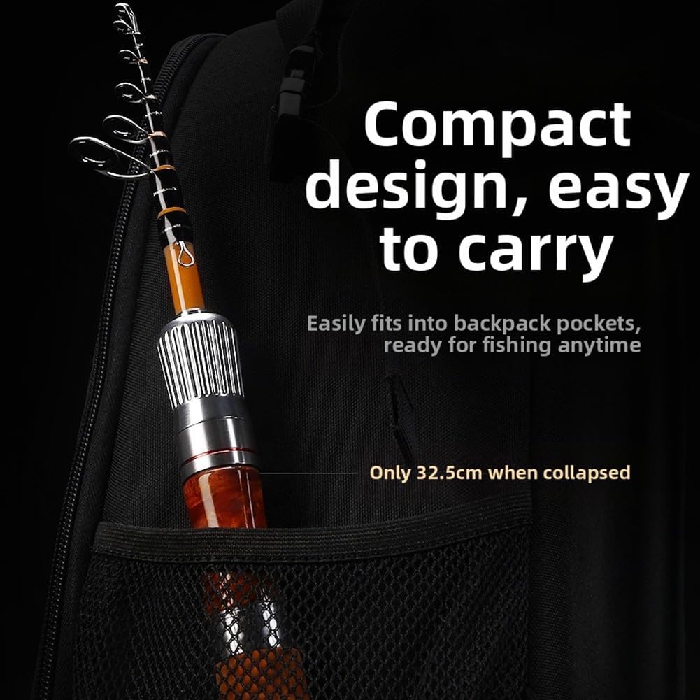 Canna da pesca telescopica compatta da 1,5 metri in fibra di carbonio a 32,5 cm per lancio di esche da esterno portatile Tackle legno tono