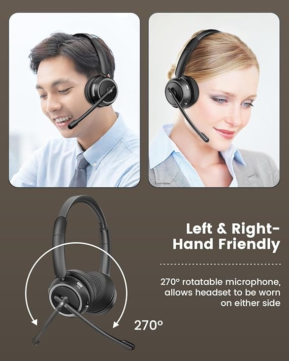 Wireless Bluetooth Headset with Microphone, ANC/ENC Noise Canceling, Mic Mute, PC Headphone with USB Dongle & Charging Station for Android, Office, Laptop, Call Center, Phone