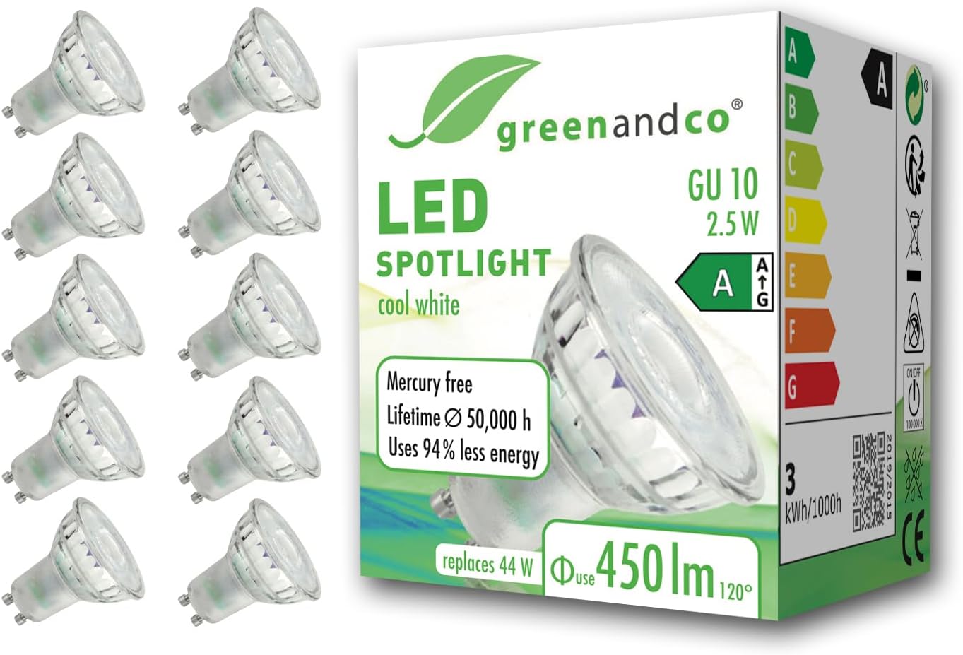 greenandco 10 x LED spotlights, GU10, 2.5 W, 450 lm, 6500 K, cold white, 100°, 230 V, flicker-free, energy efficiency class A, not dimmable