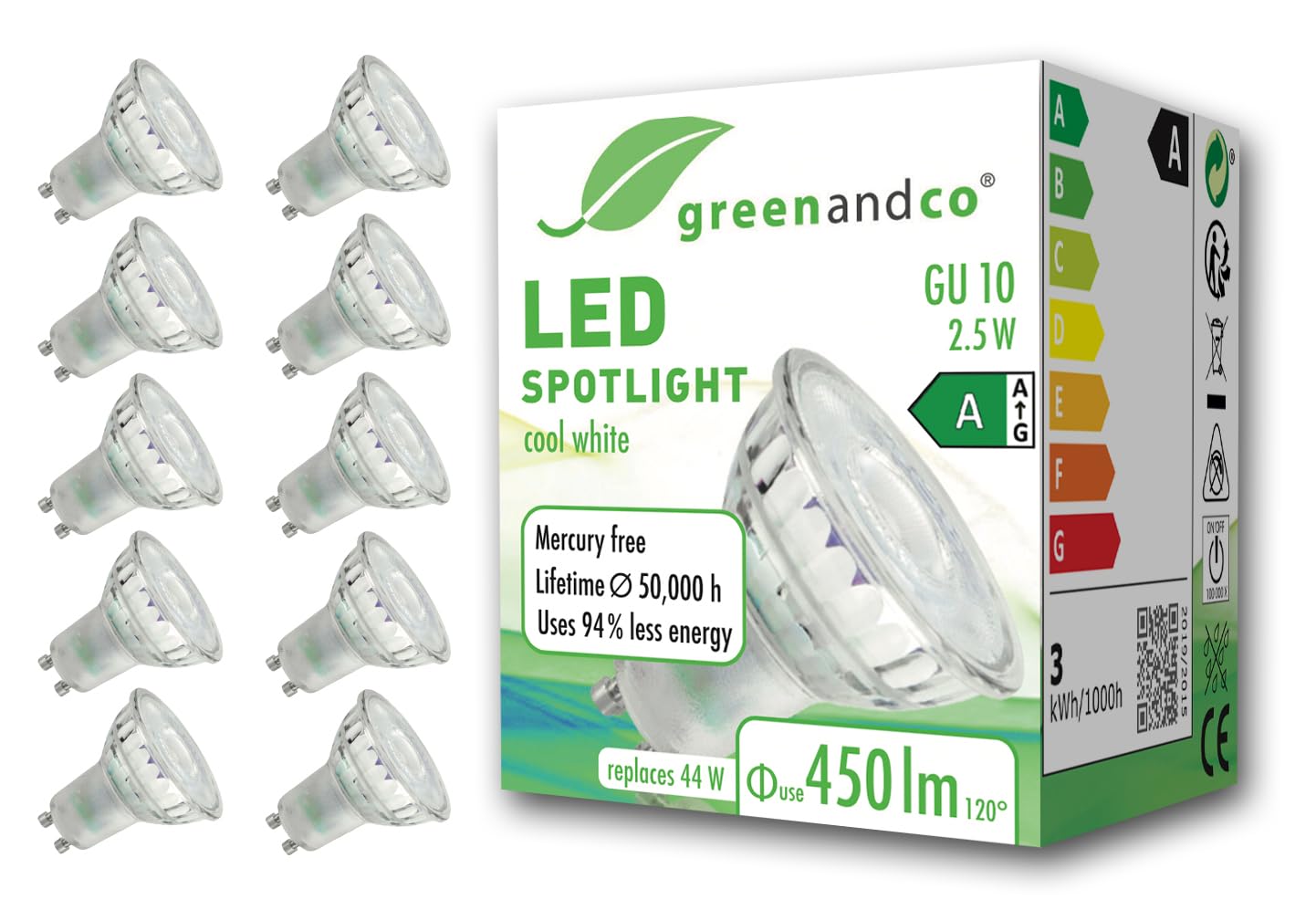 greenandco 10 x LED spotlights, GU10, 2.5 W, 450 lm, 6500 K, cold white, 100°, 230 V, flicker-free, energy efficiency class A, not dimmable