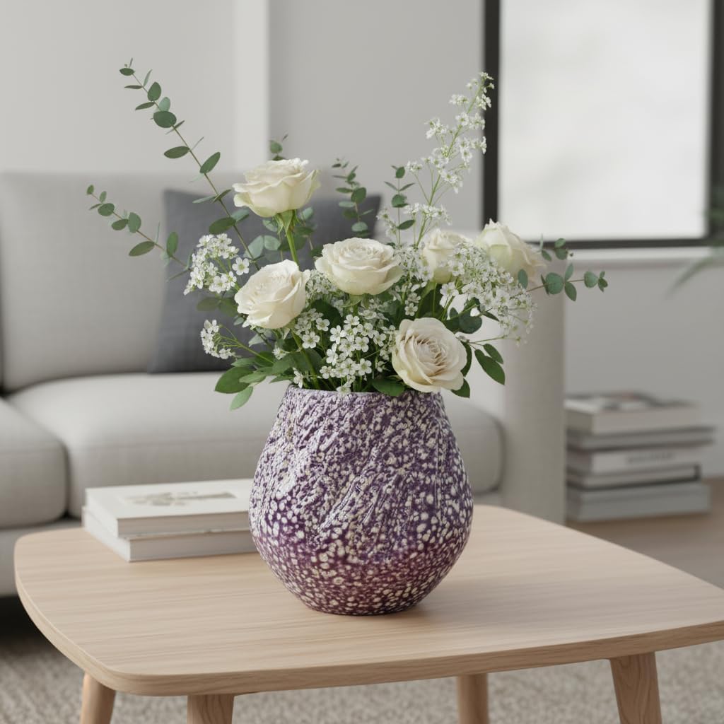 Sunddo Purple Ceramic Vase, 8 Inch Large Round Vases for Pampas Grass, Modern Textured Pottery Vase for Home Decor, Bedroom, Table Centerpiece, Kitchen, Shelf, Living Room Decor