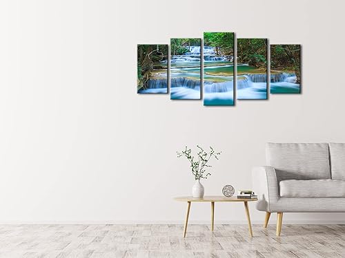 Vista 7 de Wieco Art Lienzo de cascada pacífica para pared, cuadros de árboles verdes para sala de estar, dormitorio, decoración del hogar, 5 piezas, estirado
