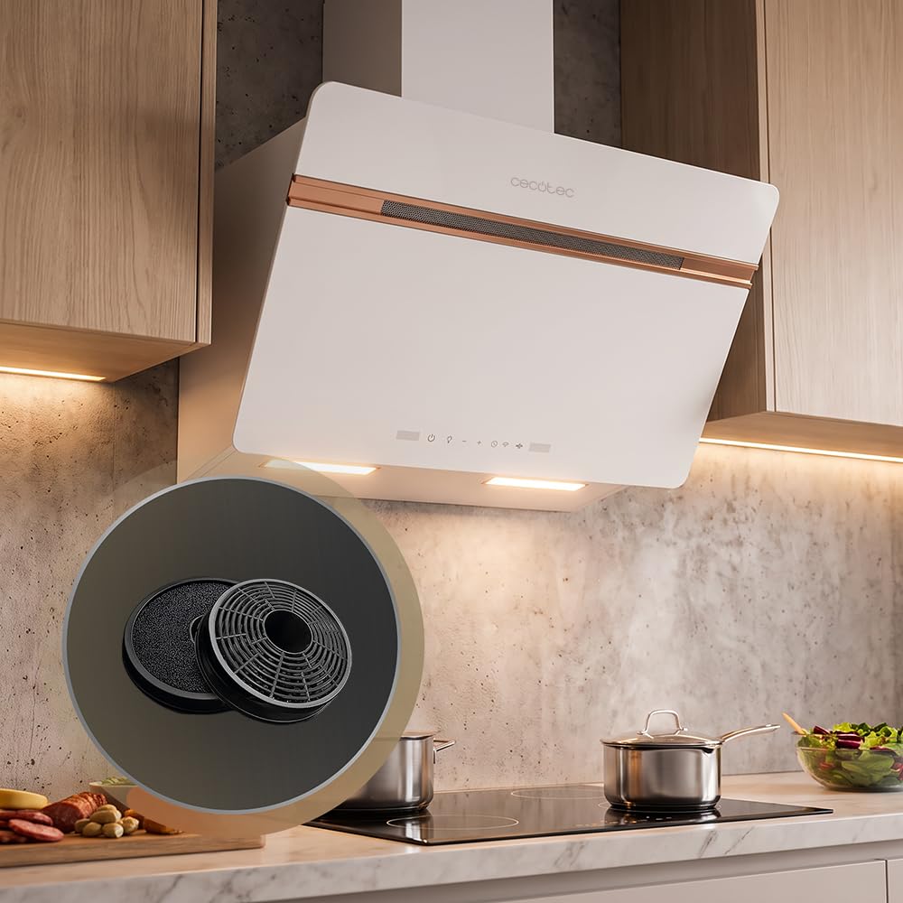 Cecotec Okap dekoracyjny 60 cm Bolero Flux DT 607500 Matt White A+++. Matowe i błyszczące szkło z miedzianymi detalami, ssanie 717,2 m³/h, funkcja wzmacniacza, filtry aluminiowe, klasa A+++
