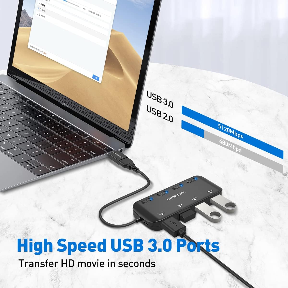 4-Port USB Hub 3.0 with USB C Adapter，LYFNLOVE USB Extender with Individual Power Switch, Ultra Slim USB Splitter for Laptop, MacBook Pro/Air/Mini, iMac, PC, Surface Pro, PS4, PS5, Xbox 4 port USB Hub with USB C Adapter image 3 of 7 B09YKXRQCQ