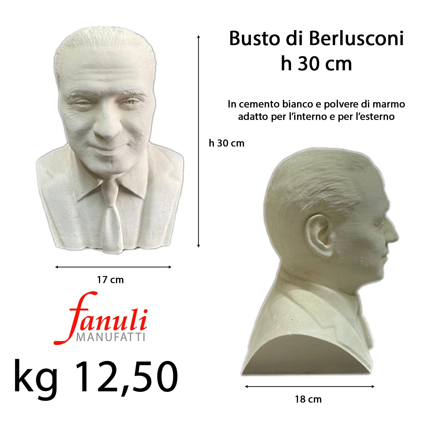 Busto di Silvio Berlusconi Altezza 30 cm Grande in cemento bianco e polvere di marmo, Per Interno o Esterno