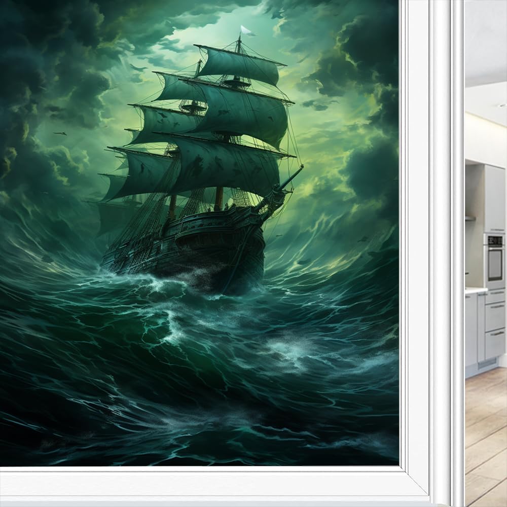 Fyfmushe Abstract Ocean Ship Abstract Sea Ship Window Film Privacy Nautical Boat Retro Fantasy Decorative Stained Static Cling Window Sticker For Home, 45X60 Cm