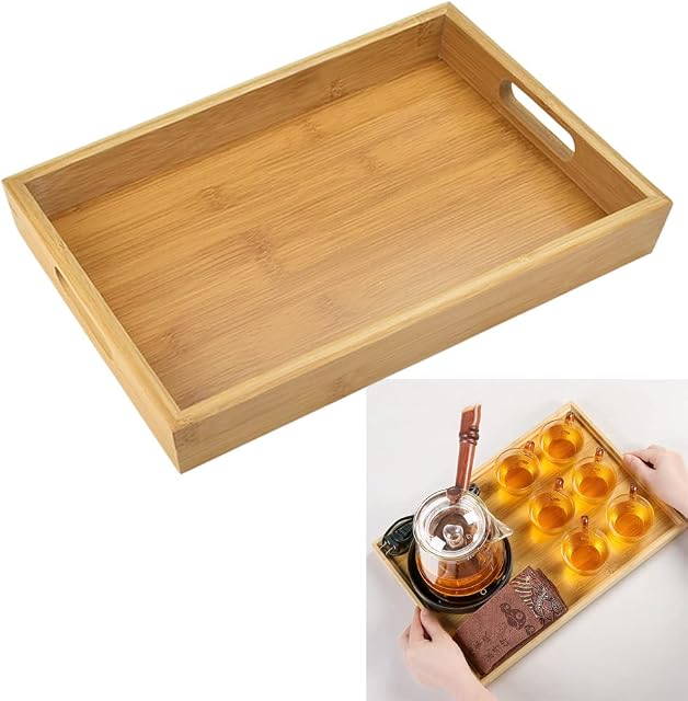 DECARETA Wooden Serving Tray Platter Board,30*20*4cm Rectangle Bamboo Wooden Tray with 2 Handles,Wooden Serving Platter,Rectangular Wood Trays Kitchen Nesting Trays for Breakfast Dinner Tea Dessert