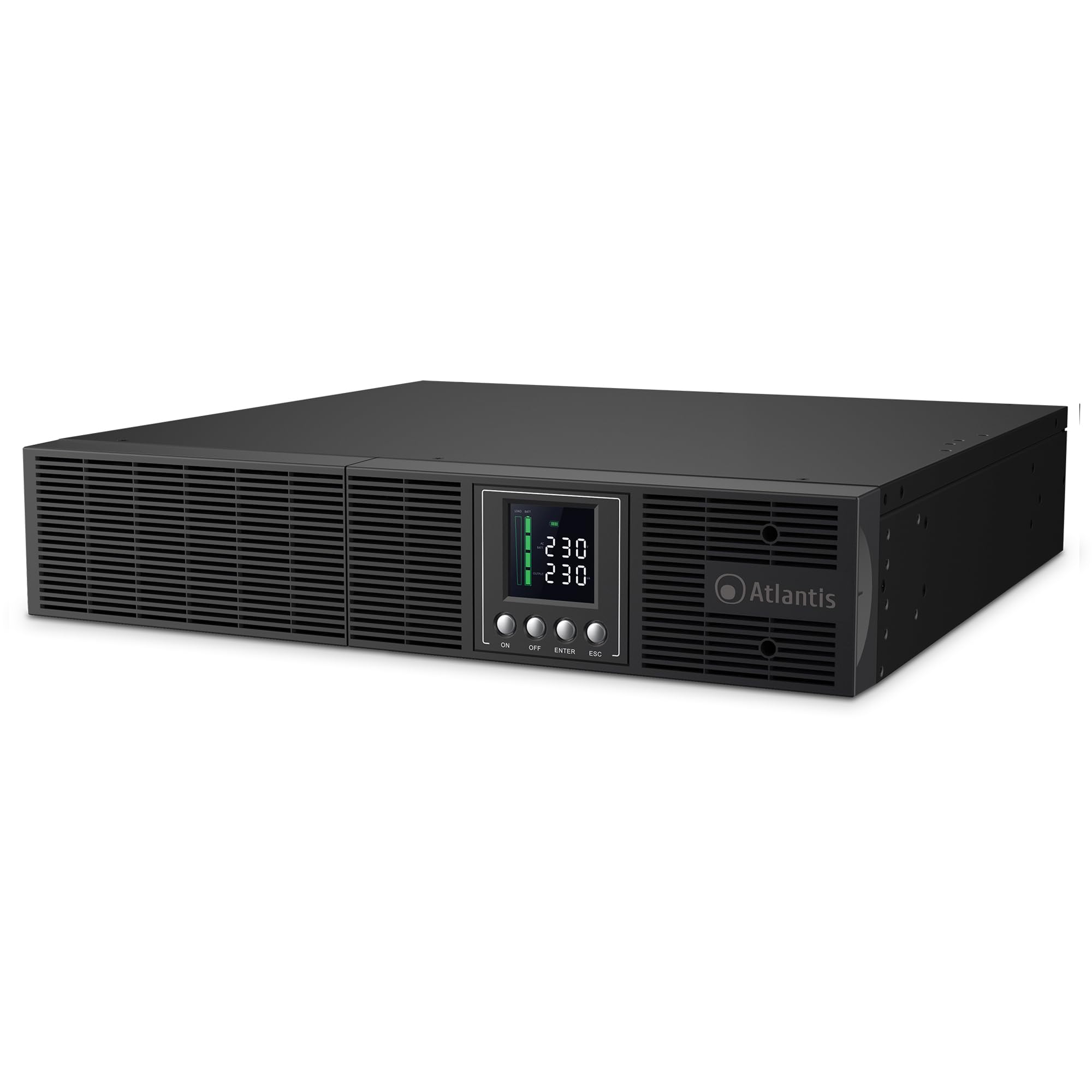 Atlantis A03-OP2002P-RC Pro Onduleur (UPS) Online Double Conversion et Pure sinusoïde avec Une Puissance de 2000VA 1800W, Serveur Rack, écran LCD, USB, RS-232, 8 Sorties IEC, Slot SNMP, 4x12V-9Ah