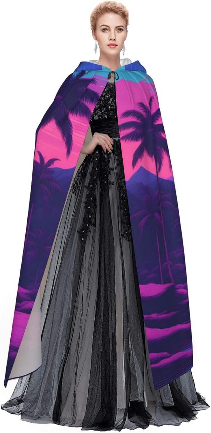 Unisex Full Length Hooded Halloween Christmas Party Robe Cloak Cape Cosplay Costume Men Women Beautiful Coconut Trees Prints Black