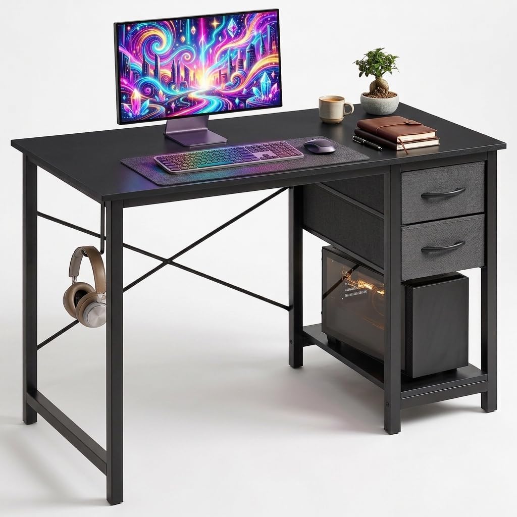Simple Deluxe 40 Inch Black Computer Desk with Drawer & Side Hook – Compact Office Desk for Bedroom, Sleek Writing Table with Storage for Study, Work & Home