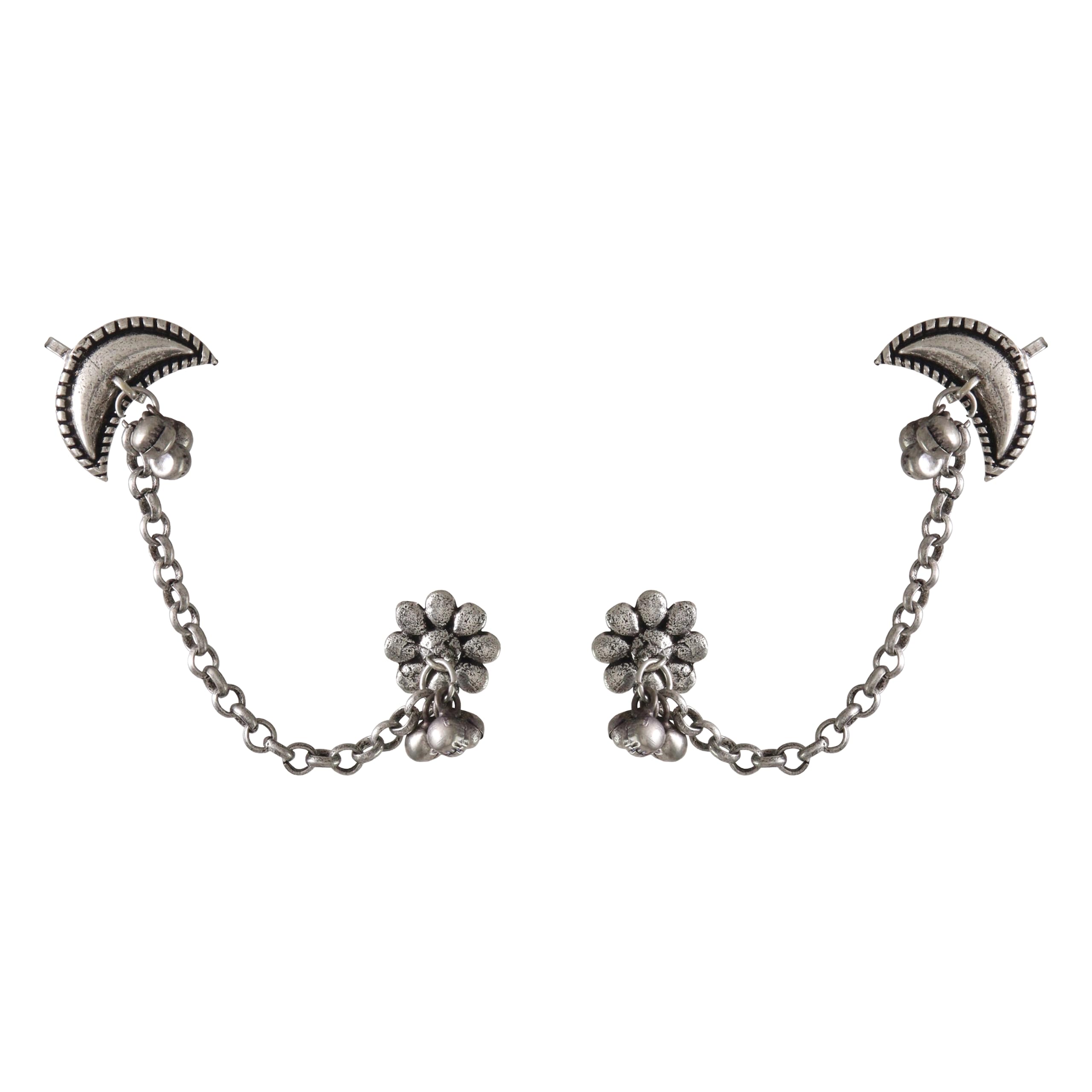 Jewellery Oxidised Moon and Flower Chain Earcuff, Boho Style, Antique style Oxidised earcuff for Women | Boho Style Earcuff for Women for Wedding,Festivals,Parties and Occassions-image-35