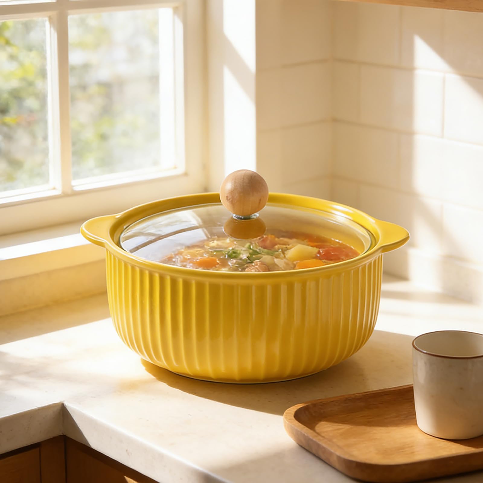 Plats à Four en Céramique 800 ml, Plats de Ronds Cuisson avec Poignées, Bol Ramen avec Couvercle, pour Viande, Légumes, Plat Four pour Friteuse à Air Chaud, Four, Micro-ondes, Jaune