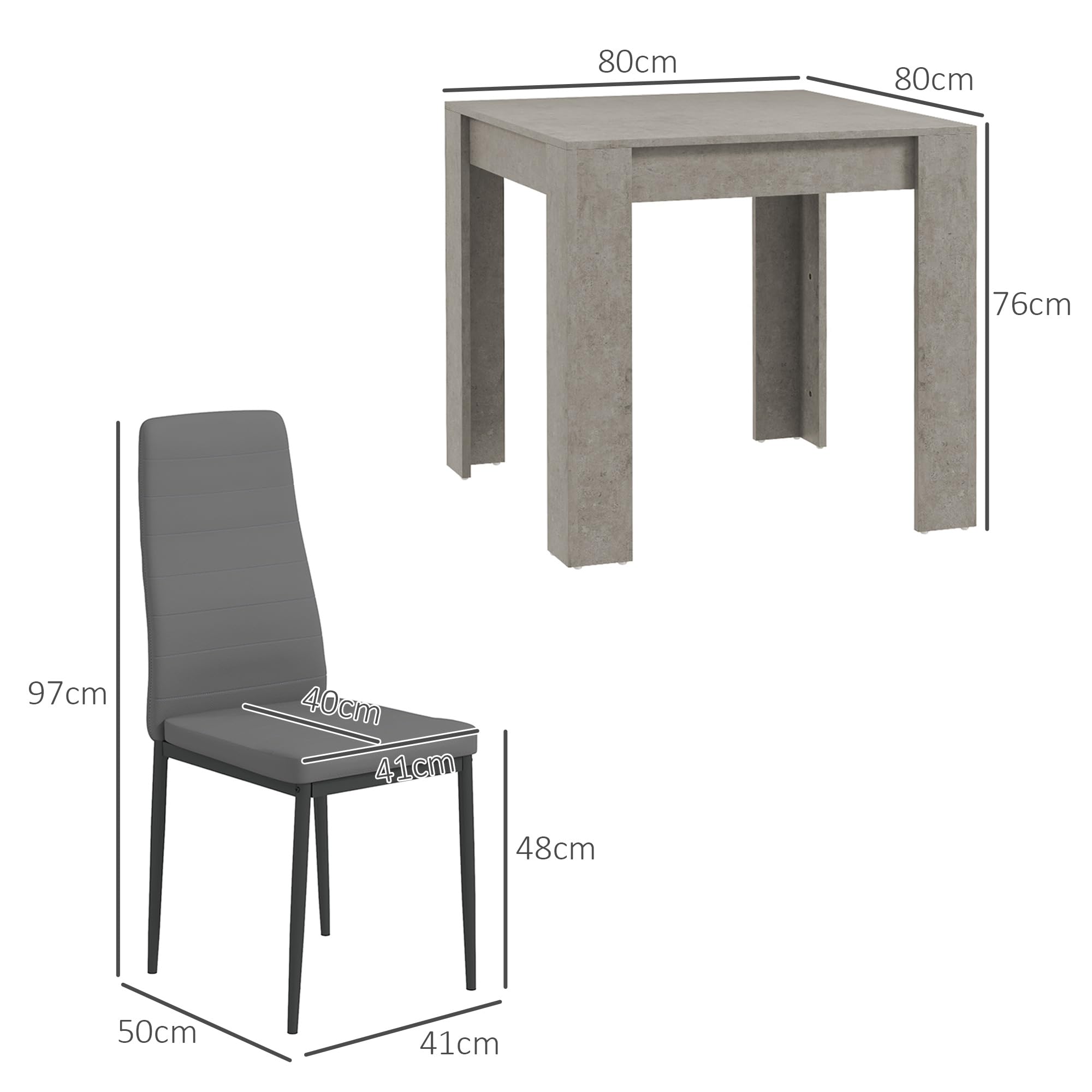 HOMCOM Set da Pranzo 3 Pezzi con Tavolo da Cucina 80x80x76 cm e 2 Sedie Moderne e Salvaspazio 41x50x97 cm, in MDF, Acciaio e Pelle PU, Grigio