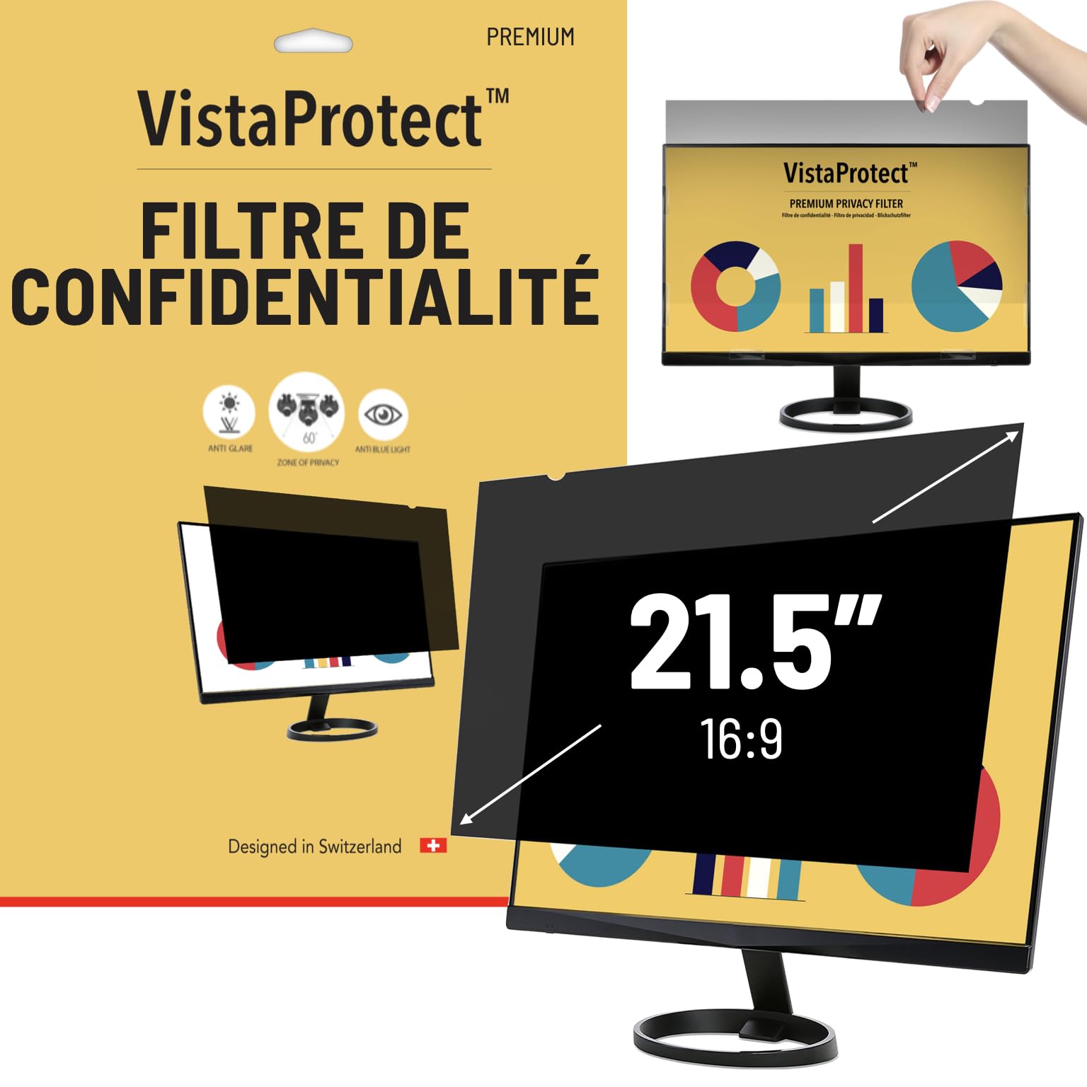 VistaProtect Filtre de Confidentialité Anti-Lumière Bleu 2-en-1 pour Écran Ordinateur Moniteur 21.5 Pouces