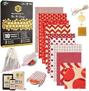 BeeNatural Beeswax Wraps Food Wraps, Set of 10 (+4 Bundles) | Eco Friendly Sustainable Gifts | Zero Waste Cheese and Sandwich Wrappers | Reusable Plastic Free Bowl Covers