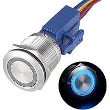 APIELE 22mm Momentary Push Button Switch 12V Angel Eye LED Waterproof Stainless Steel Round Metal Self-Reset 7/8 1NO 1NC with Pigtail Blue