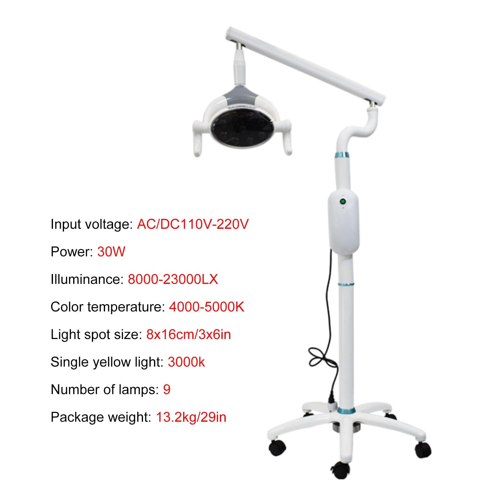 Lampada per Visita Medica Mobile da 30W, Lampada Scialitica Dimmerabile, Lampada per Visita Chirurgica, Apparecchiatura per Terapia Orale da Pavimento, con 9 Lampadine a LED