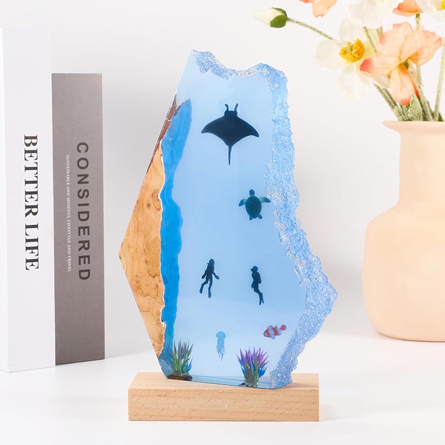 Drawelry Creative Epoxy Resin Wood Lamp - Large Diver and Humpback Whale Led Lights Sea Plants 3D Night Light Desktop Ornaments Office Bedroom Room Decor Gift for Family Friends (Sea Turtle)