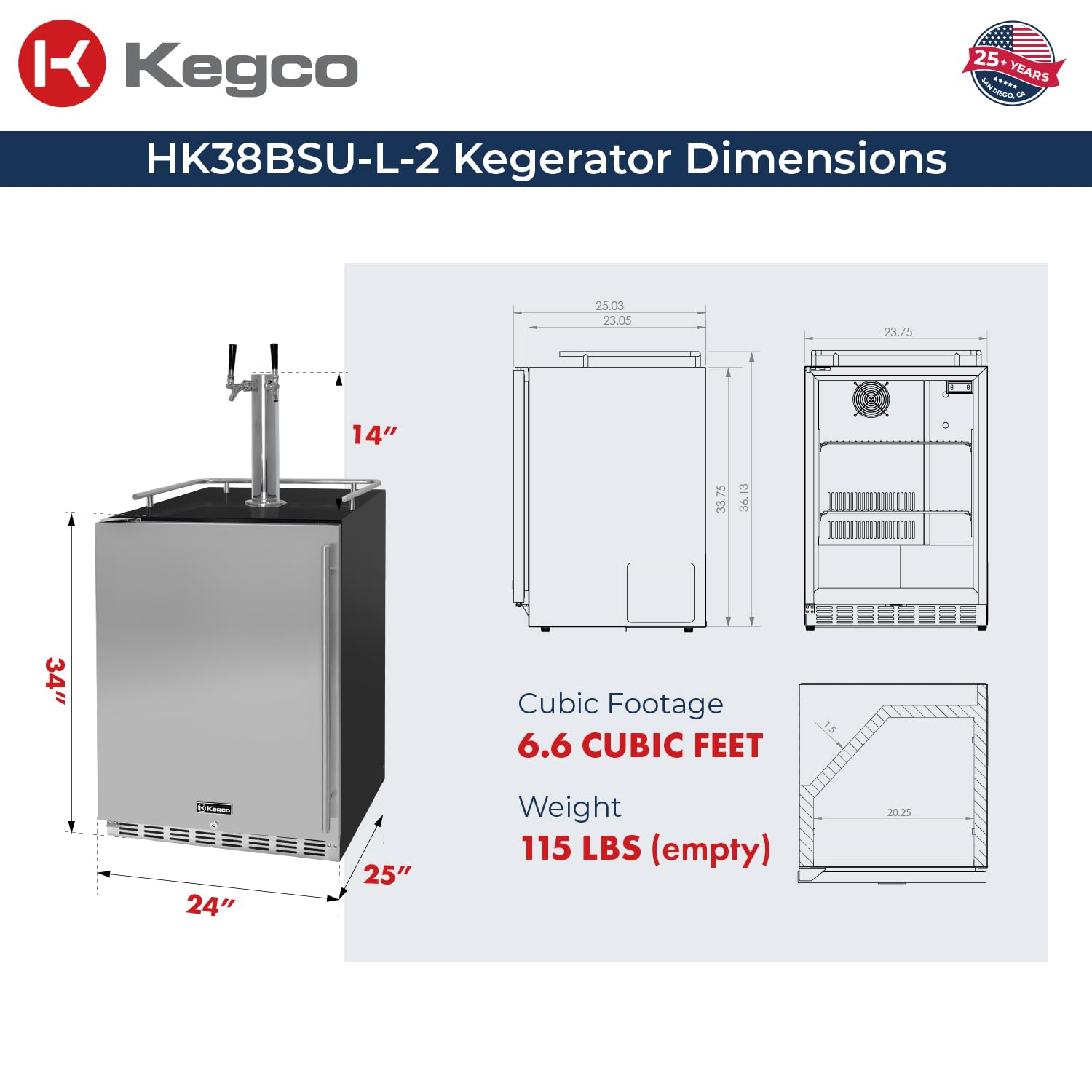 Kegco Kegerator 24" Wide Dual Tap Black/Stainless Steel Undercounter Beer Dispenser HK38BSU-L-2 on Fridge.com