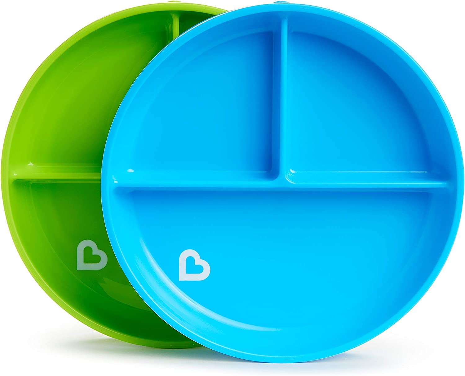Munchkin Stay Put Divided Plates - 2 Pack Baby & Toddler Plate Set with Compartments, Suction Plate for Babies 6 Months & Over, BPA Free, Blue/Green