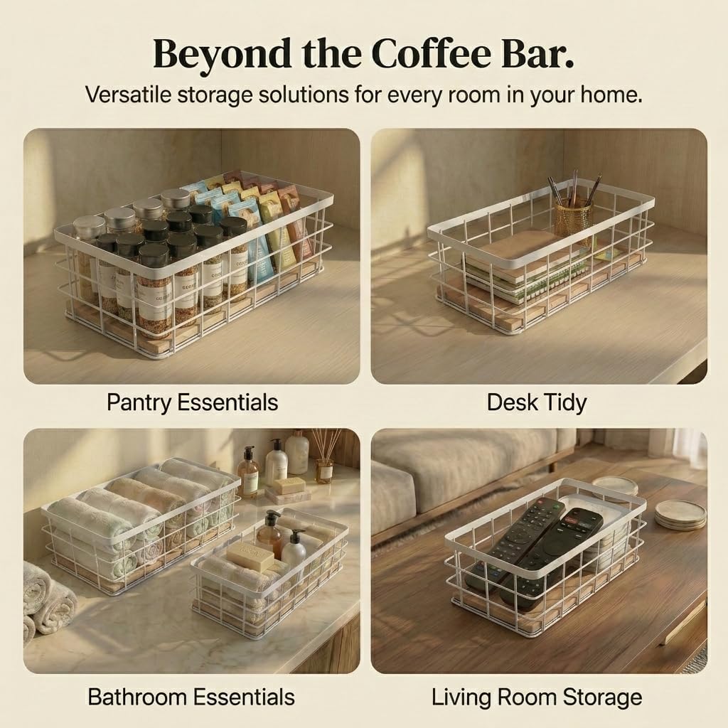 2-Pack White Coffee Pod Holder Basket with Wooden Base - Minimalist Cpffee Pod Organizer for Coffee Station, High-Capacity Wire Capsule Storage for Kitchen Countertop Office