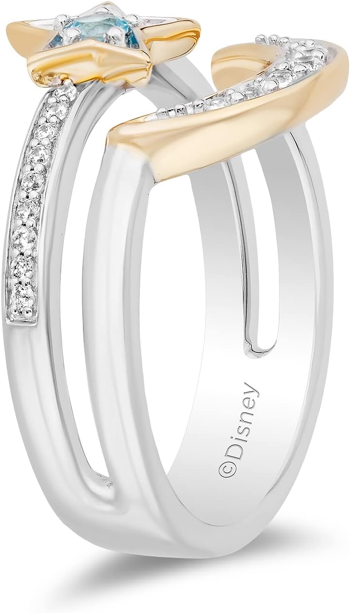 Jewelili Enchanted Disney Fine Jewelry Sterling Silver and 10K Yellow Gold 1/6 CTTW Diamond, Swiss Blue Topaz Aladdin 30th Anniversary Jasmine Star & Moon Ring
