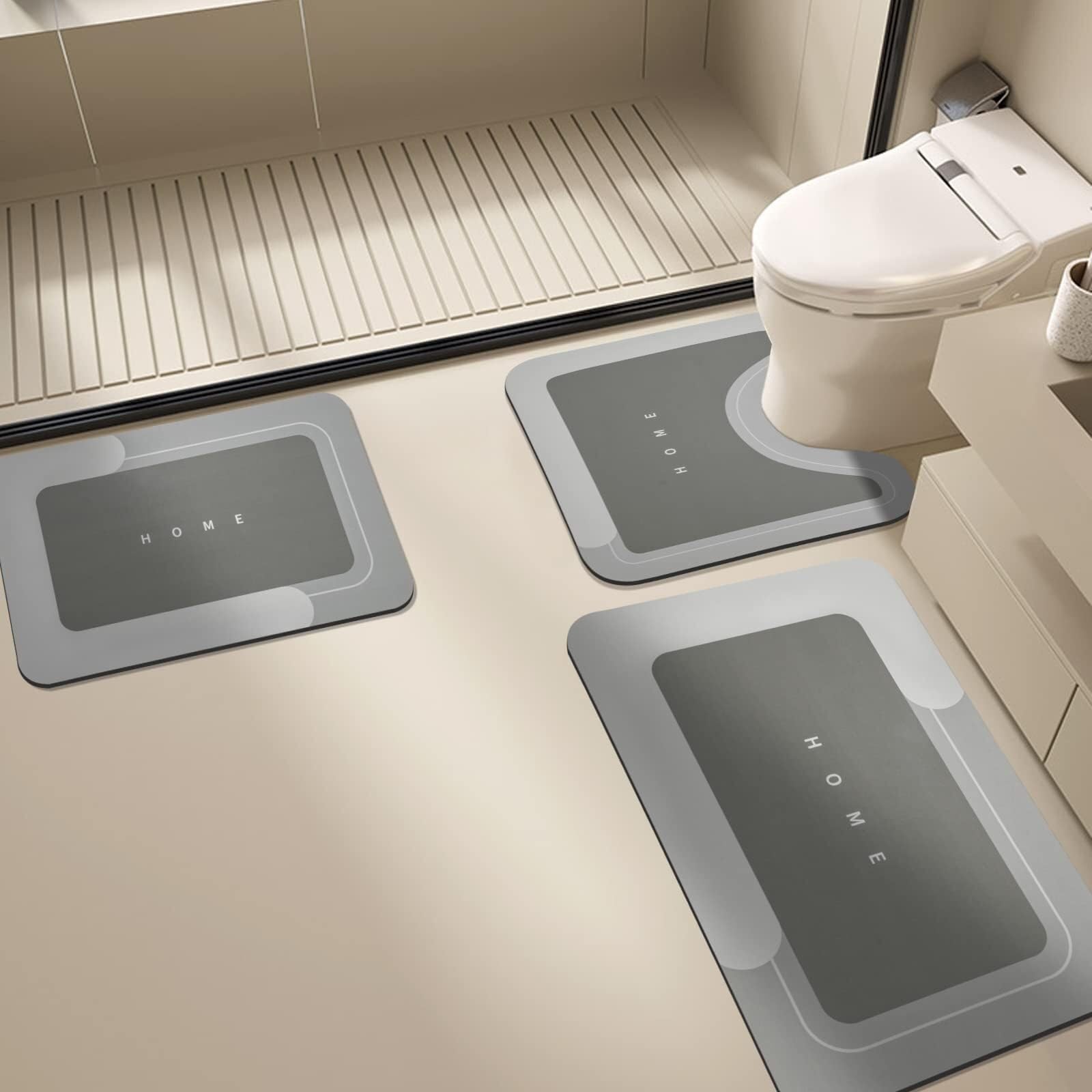 3PCS Super Absorbent Bath Mat Magic Rug Sets,Thin Quick Drying Bath Mat Non-Slip Floor Rug Rubber Backed for Bathroom Kitchen Shower Sink (Dark Gray)