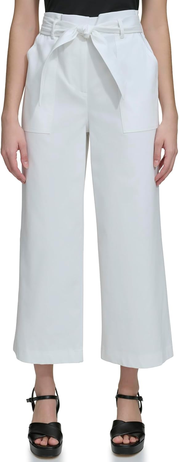 Calvin Klein Women's Woven Cropped Wide Leg Pant with Belt