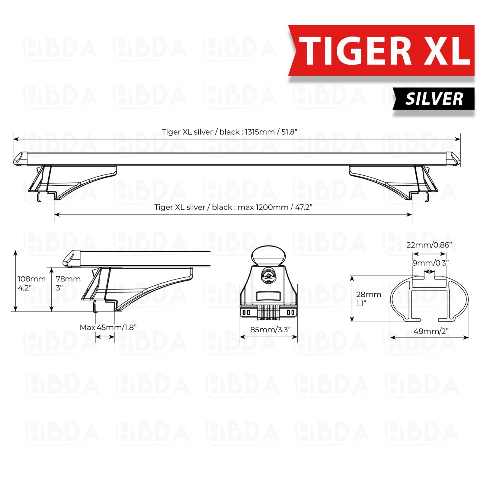 Barre da tetto per veicoli con rails integrati Modello TIGER in alluminio Silver alta qualità Menabo 000084900000/000085000000 (TIGER XL (130cm))