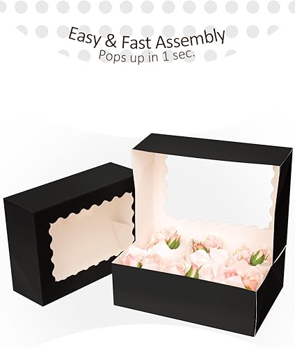 Miniatura 4 de qiqee 6 cajas negras para cupcakes con ventana autoemergentes, 30 paquetes de cajas de cupcakes de 9 x 6.1 x 3.3 pulgadas, cajas de panadería para