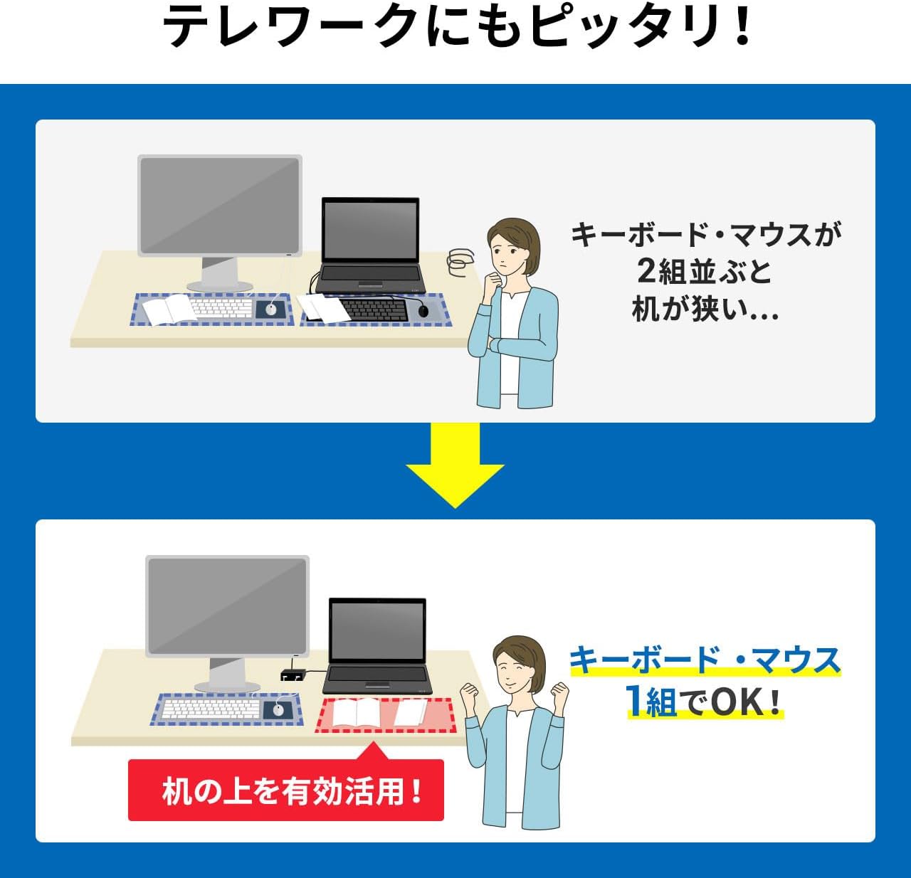 アウトレット キーボード マウス用パソコン切替器 2:1 SW-KM2UU 箱にキズ、汚れのあるアウトレット品です。 【成型】