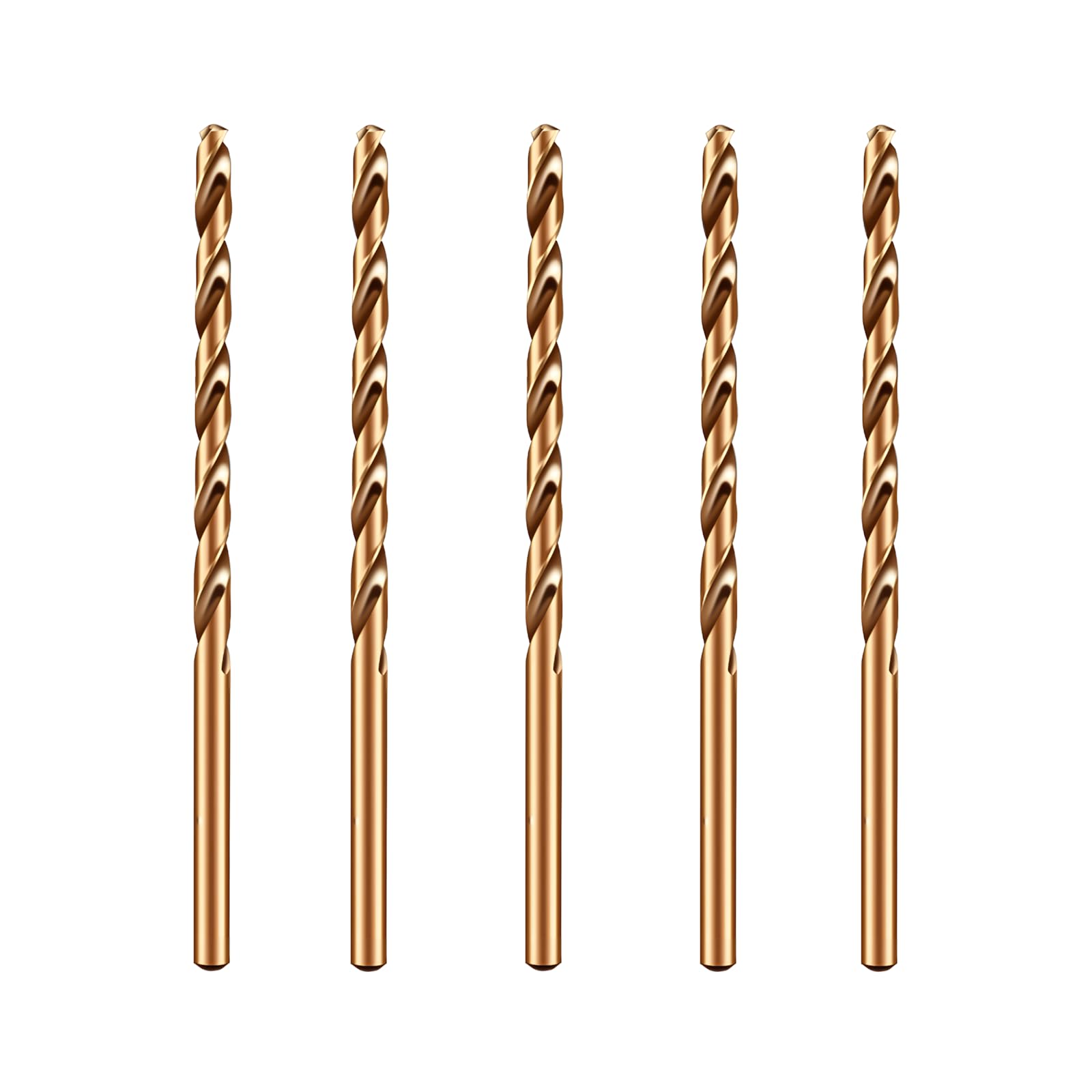 Zestaw 5 bardzo długich wierteł spiralnych HSS M35, 4,5 mm x 300 mm, wiertła z chwytem prostym 135° do głębokich otworów w stali nierdzewnej, żeliwie, twardym metalu, drewnie itp