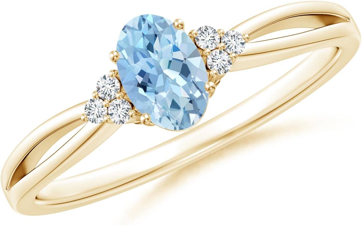 Angara Natural Aquamarine Ring for Women | Solitaire Oval Aquamarine Split Shank Ring with Trio Diamonds in 14K Solid Gold/Silver/Platinum | March Birthday, Anniversary, Gemstone Jewellery Gift