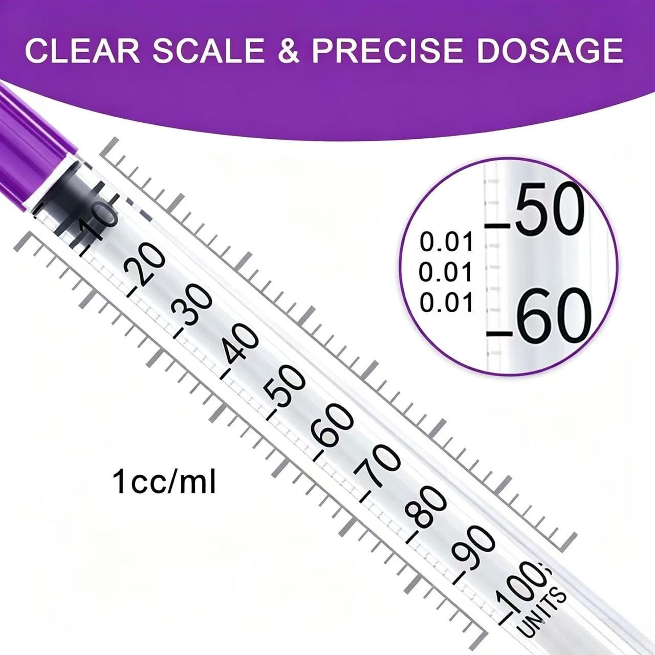 Paquete de 100 unidades de jeringas de plástico de 1 ml/cc con aguja de 31G x 6 mm, herramientas de medición de usos múltiples, envueltas individualmente