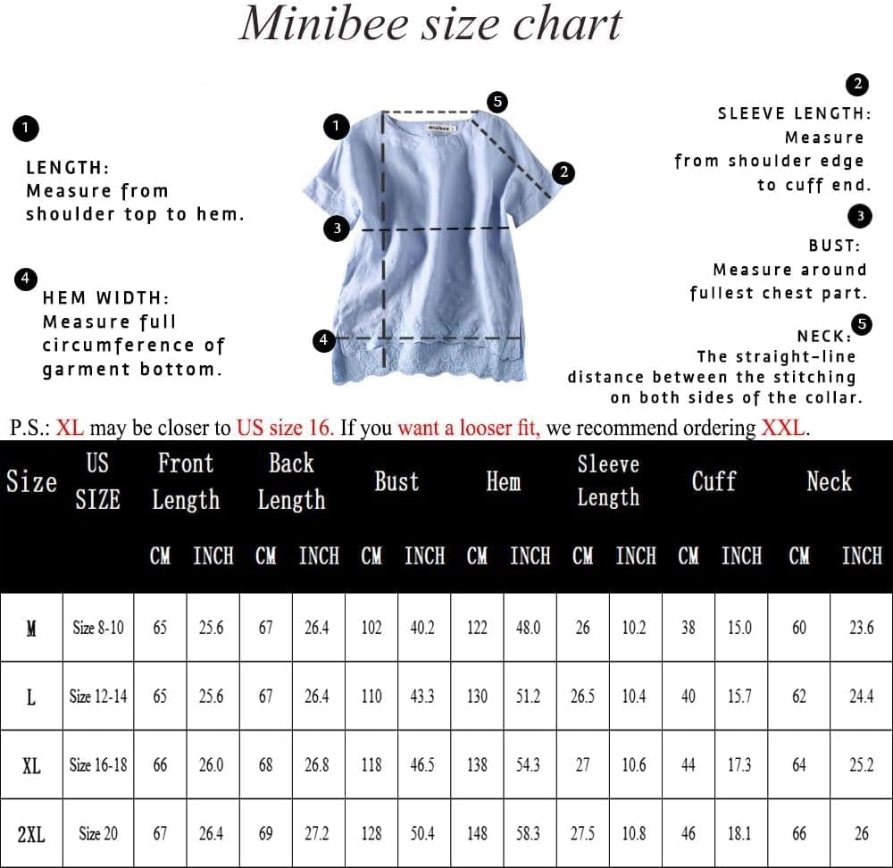 Minibee Women's Summer Linen Tunic Shirt High Low Hem Embroidery Blouse Top - Image 6