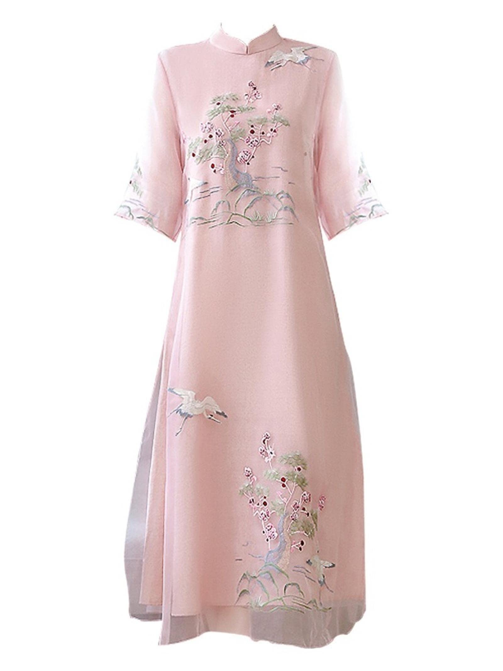Sarge Women's Roze Cheongsam Improved Dress Retro Elegant Embroidery Long Dresses Floral Party Dress Chinese Clothing