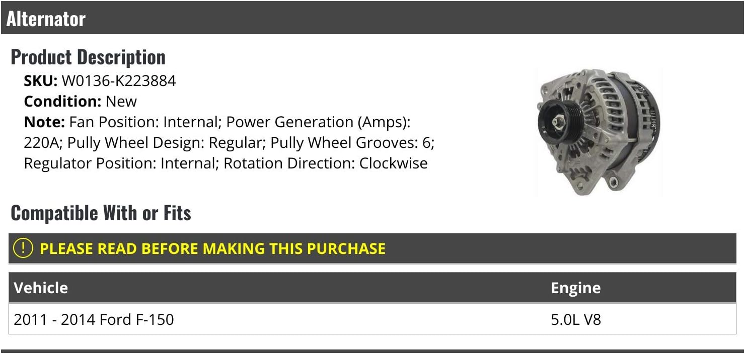 Alternator - 220AMP - Compatible with 2011-2014 Ford F150 5.0L V8