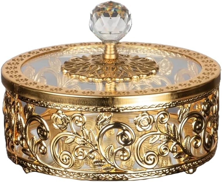 Hakan Candy Dish Bowl with Glass Lid & Crystal Top, Vintage Handmade Stainless Metal Decorative Mirrored Round Sugar Cubes Serving Bowl for Gift Party Home Kitchen Office Table Wedding, 6.3”, Gold