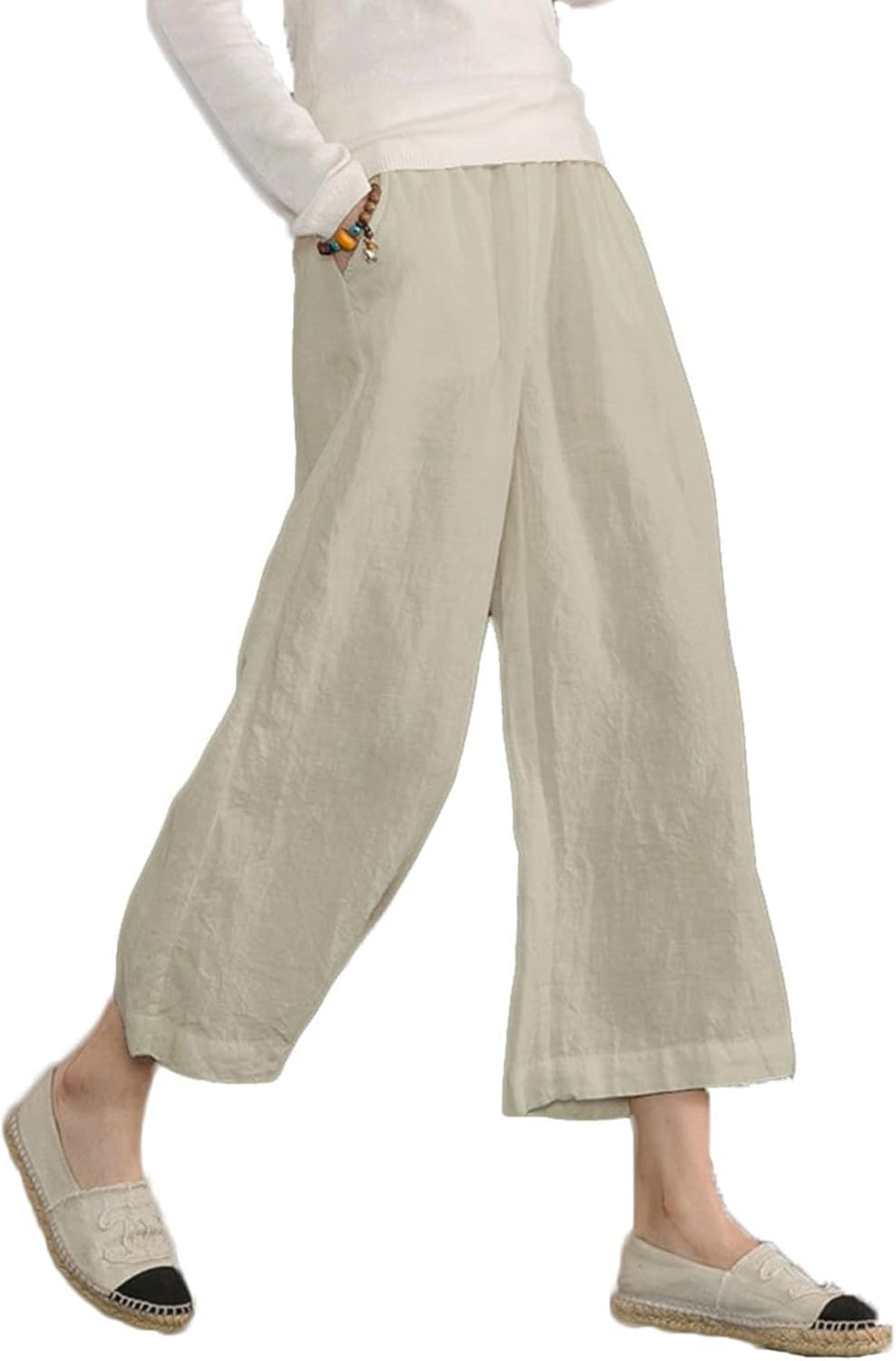 Womens Cotton Cropped Pants Loose Fit Wide Leg Capri Casual Plus Size Elastic Waist Trousers