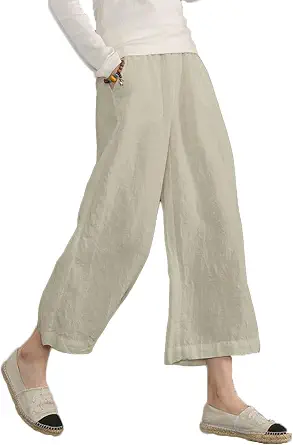 Women's Cotton Cropped Pants - Loose Fit Wide Leg Capri, Casual Plus Size Elastic Waist Trousers