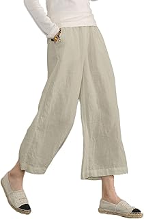 Womens Cotton Cropped Pants Loose Fit Wide Leg Capri Casual Plus Size Elastic Waist Trousers
