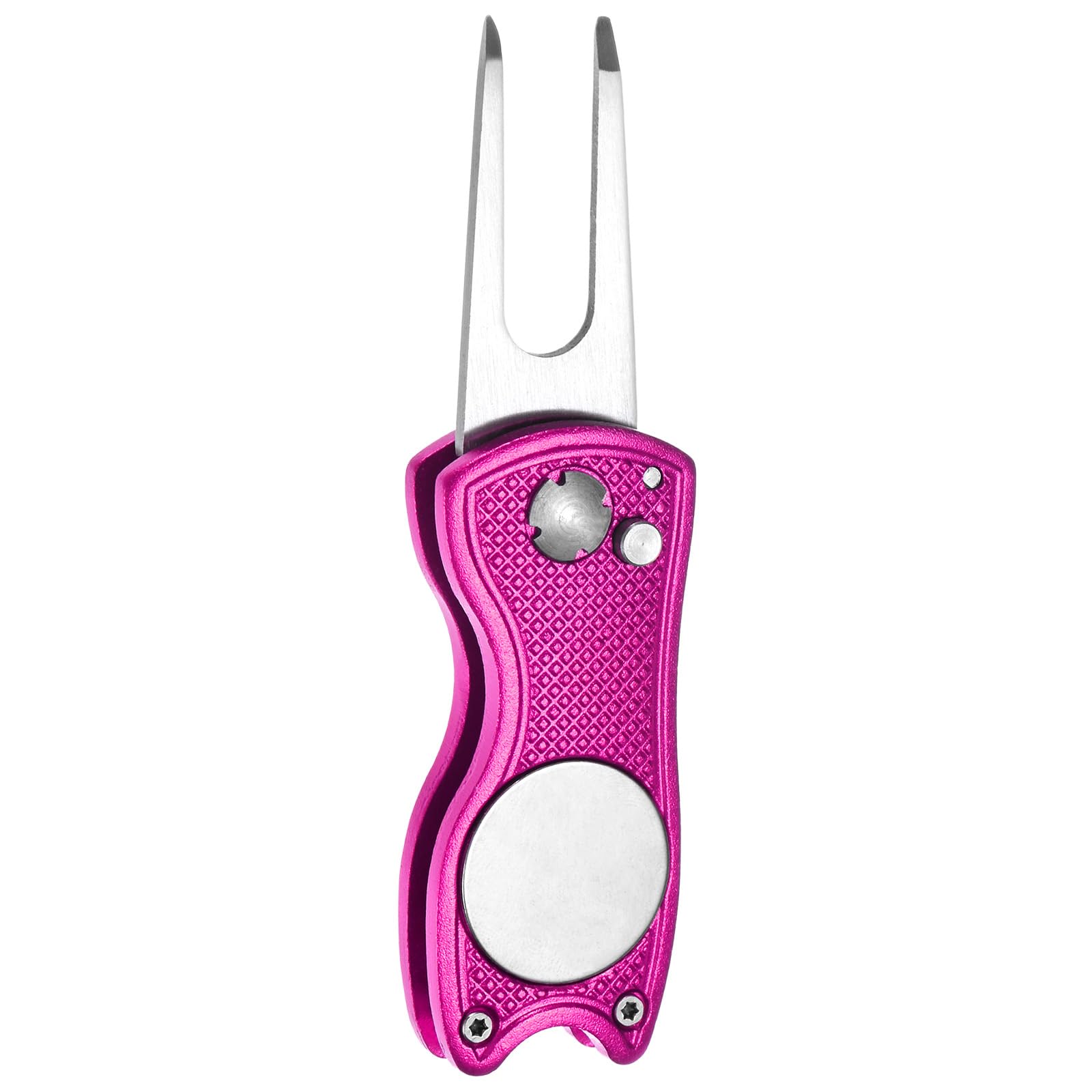 TIXIPEM Golf Divot Repair Tool- Switch Foldable Divot Tool Rack with Magnetic Ball Marker & Open Button Use for Golf Accessories & Gifts - [Pink] Green Fork Tines