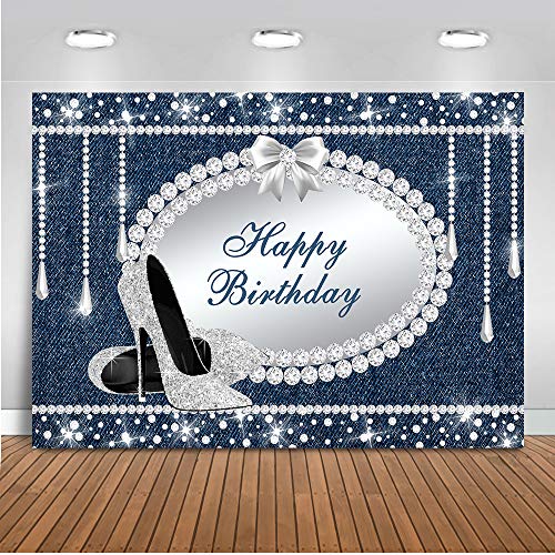Mocsicka Denim and Diamond Backdrop 7x5ft Vinyl Happy Birthday High Heel Theme Party Photo Booth Backdrops Diamond Decoration Birthday Party Banner Photography Background