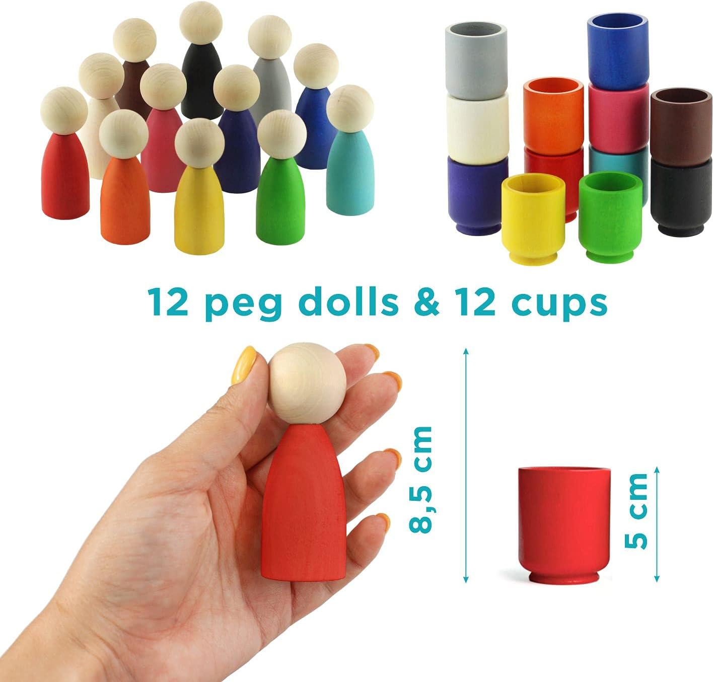 Ulanik Large Peg Dolls in Cups Toddler Montessori Toys for 3 Year Old + Kids Wooden Waldorf Dolls for Learning Color Sorting and Counting — 12 Gnomes, 3.35 in
