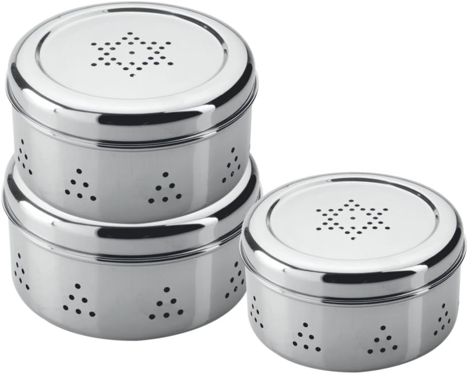 Ratna Stainless Steel Multipurpose Kothmir Dabba/Dhaniya Storage Box/Coriander Dabba Box Set of 3 (500 ml, 600 ml, 800 ml)