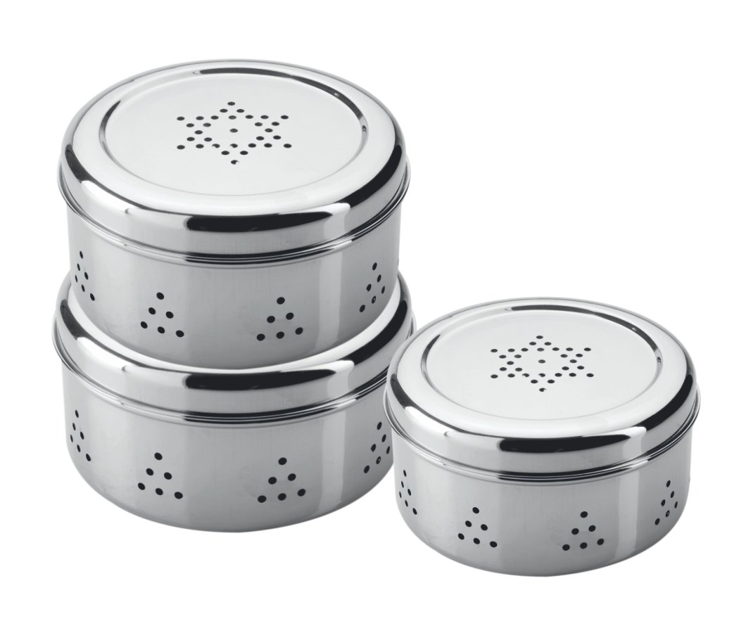 Ratna Stainless Steel Multipurpose Kothmir Dabba/Dhaniya Storage Box/Coriander Dabba Box Set of 3 (500 ml, 600 ml, 800 ml)