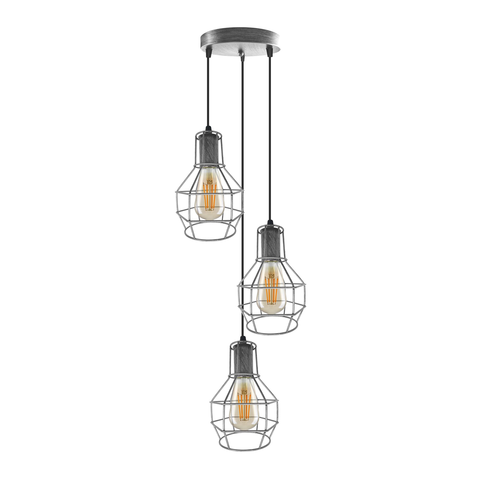 Industrial 3 Light Pendant Ceiling Light, Adjustable Hanging Cables (Max 90cm), Brushed silver Metal Cage Nest Design, E27 Bulb Required, Modern Lighting for Kitchen Island, Dining Room, Bar — image 1