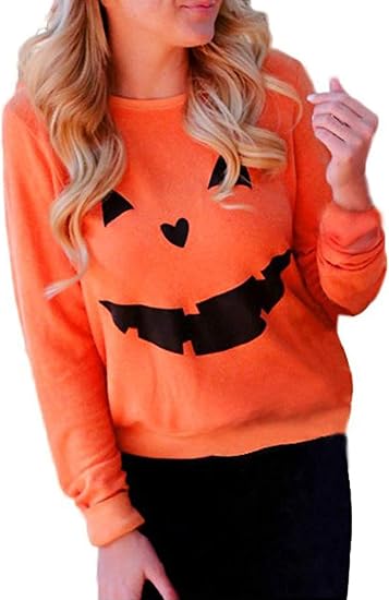 Women's Funny Halloween Pumpkin Face Sweatshirt Slouchy Witch Shirt Long Sleeve Pullover Tops for Thanksgiving Gift